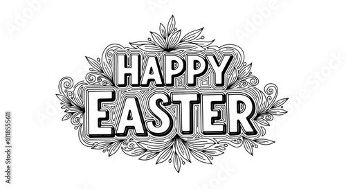 Vintage style Happy Easter greeting card design with hand-drawn typography and leaf ornaments, isolated on a white background