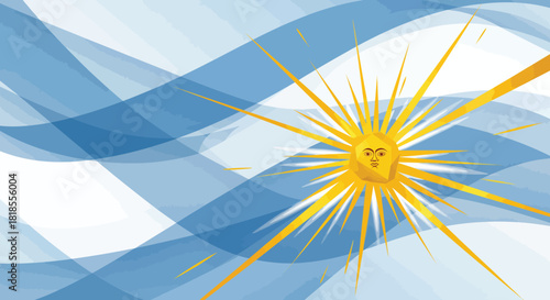 An abstract vector background representing the Argentine flag with flowing, wavy blue and white stripes converging towards a central sun (Sun of May). Creates a sense of movement and national pride.