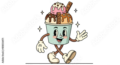 Cartoon Ice Cream Cup Character Walking retro vintage