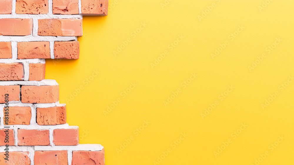 Obraz premium Part of a brick wall against a bright yellow plastered background with copy space. Macro, brick and grout texture, minimalism, concept of construction, renovation, design, and update.