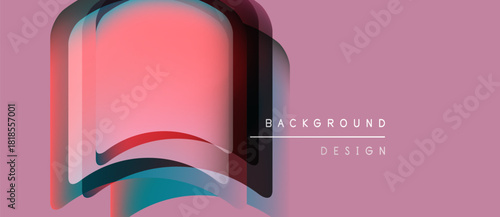 Abstract layers create soft gradient effect. Pink, teal hues dominate design. Minimal text complements visual elements.