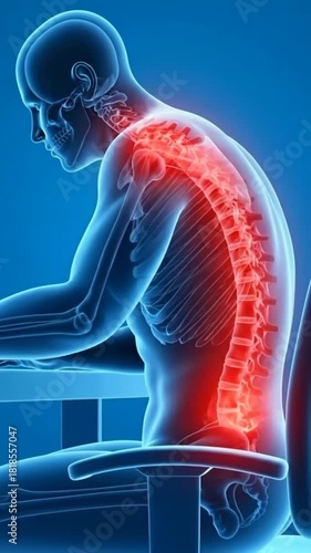3D rendering of a man with poor posture and back pain while sitting at a desk, highlighting spinal discomfort.
