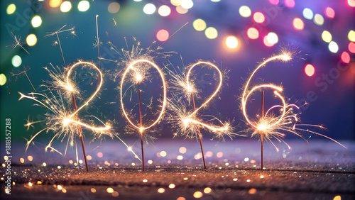 New Year card with “2026” sparklers and glitter, symbolizing festive vibes