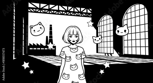 Monochrome Mystery Girl in Cat Dress Amidst Floating Feline Heads