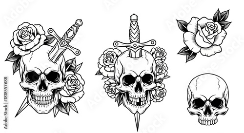 Skull, Dagger, and Roses Illustration Tattoo Design Elements