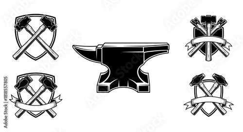 Anvil with Hammer & Shield Emblem Blacksmithing Vector Icons