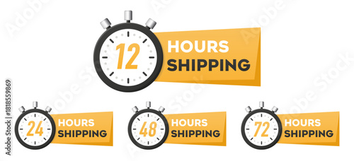 A set of 12, 24, 48, and 72 Hours Shipping Shopping Label. Shipping time management collection. Delivery and service time icon. Vector illustration