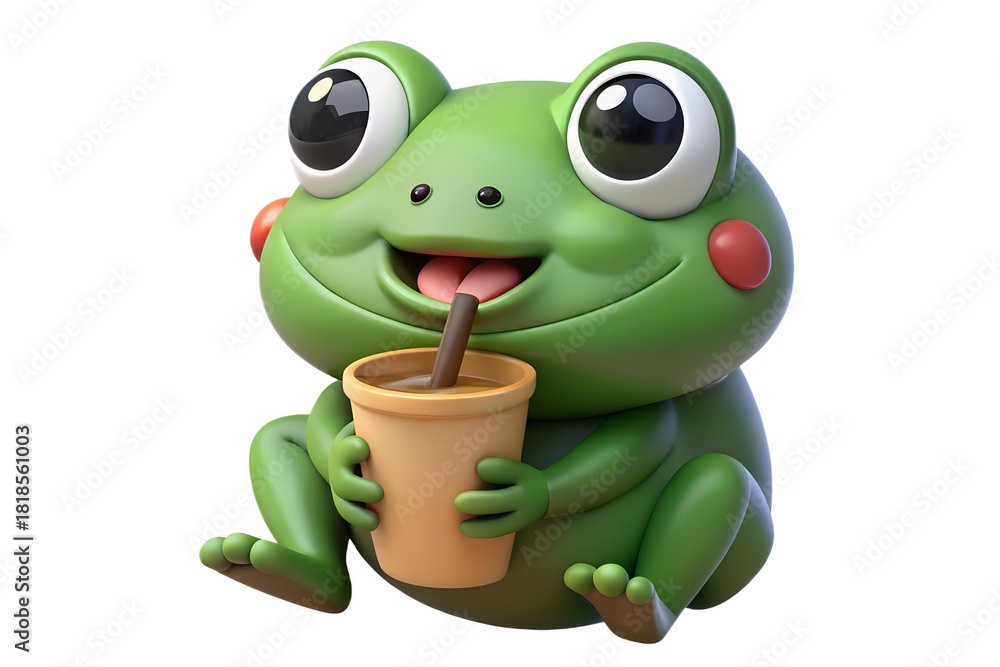 Fototapeta premium Cute green frog drinking iced beverage cartoon style