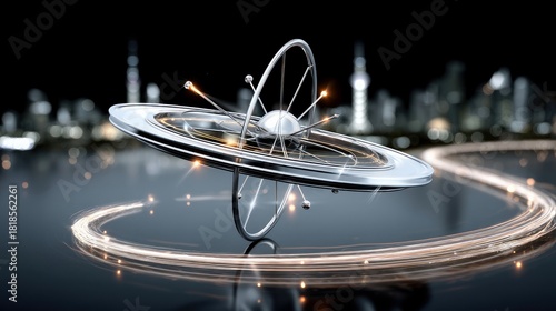 A metallic gyroscope spins in the foreground, creating light trails, with a blurred city skyline in the background at night.