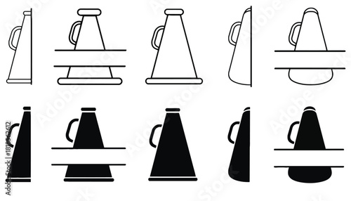 Cheerleading megaphone vector icon set outline and solid fill