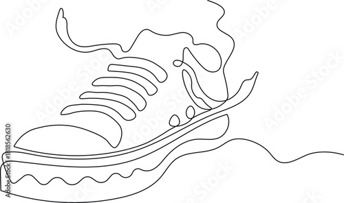 Continuous one line drawing of a modern athletic running shoe or sneaker. minimalist black contour art on a clean white background, representing sport and movement. Vector illustration
