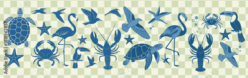 Nautical themed pattern featuring sea turtles flamingos crabs lobsters and starfish in blue hues
