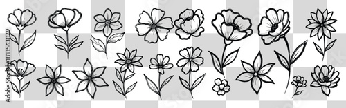 Hand drawn floral pattern with various flower types on a checkered background for creative designs