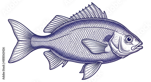 Blue Ink Drawing of a Fish on Black Background Keywords: fish, drawing, illustration, blue, ink