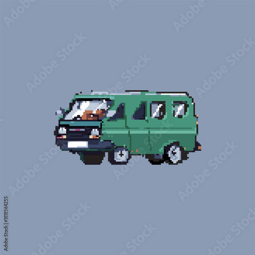 A green retro van illustrated in minimalist pixel art style. Trendy vector illustration.