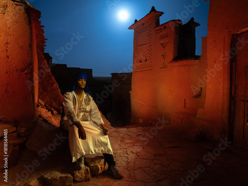 Berber Man in Traditional Attire Under Full Moon in Ancient Kasbah