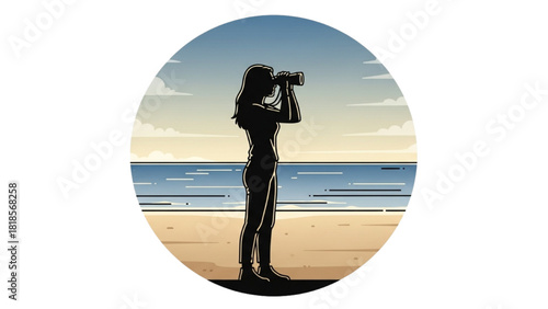 Woman with Binoculars Seeks New Horizons on Sandy Beach at the Sea
