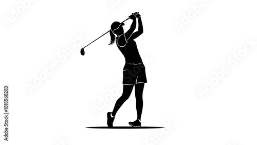 Silhouette of a woman golfer swinging her club on a white background