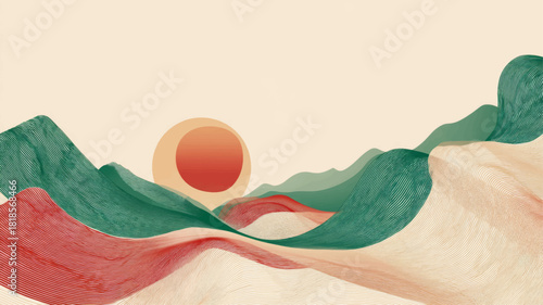 Vibrant abstract red and green layered landscape celebrating Mexican Independence Day with symbolic mountains, textured waves, and elegant patriotic vector design.