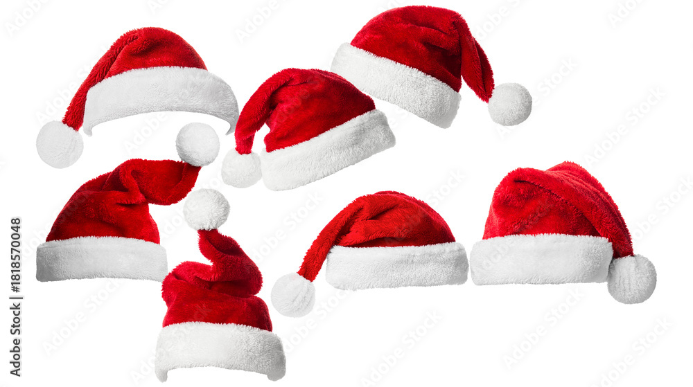 Φωτογραφία a festive collection of several red and white plush santa claus hats floating and scattered, isolated on a pure transparent background for holiday designs
