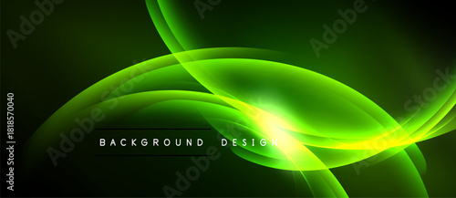 Abstract green waves, luminous curves, dark backdrop. Modern design elements create dynamic visual effect. Background text reads background design.
