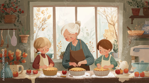 Heartwarming family baking moment with grandmother and children preparing homemade pies in a cozy sunlit kitchen for Pie Day.