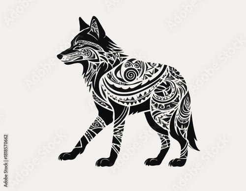 wolf, animal silhouette in ethnic tribal tattoo,