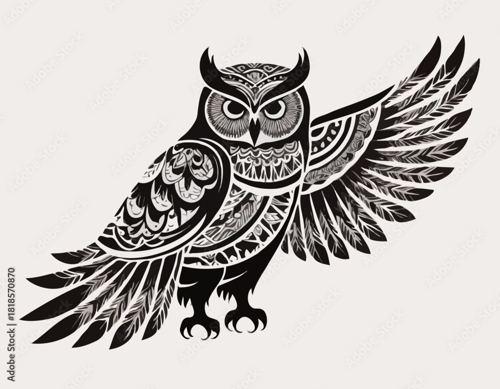 Obraz premium owl bird, animal silhouette in ethnic tribal tattoo,