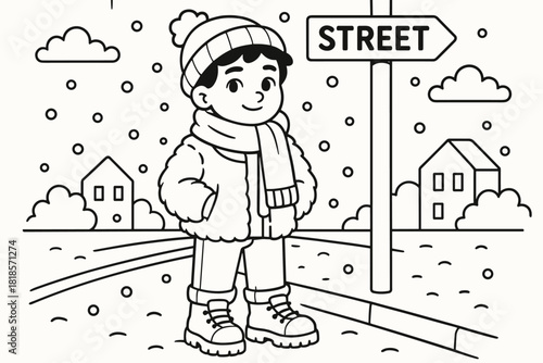 Winter Streetwear Coloring. Trendy winter streetwear children’s coloring book, outlined drawing, young person