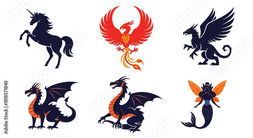 Mythical Creature Icons Unicorn, Phoenix, Griffin, Dragons, and Mermaid in Silhouette and Color