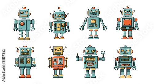 Set of Colorful Cartoon Robot Characters in Various Designs and Poses. Perfect for Technology Themes
