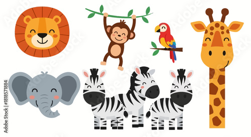Adorable Safari Animals A Playful Collection of Lion, Monkey, Parrot, Giraffe, Elephant, and Zebras