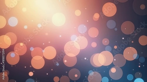 Abstract bokeh lights background with shining and glowing orange circles on navy gradient. Background design evokes celebration and magical moments.