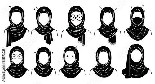 Diverse Hijab Styles in Black and White A Vector Illustration Collection of Modest Fashion
