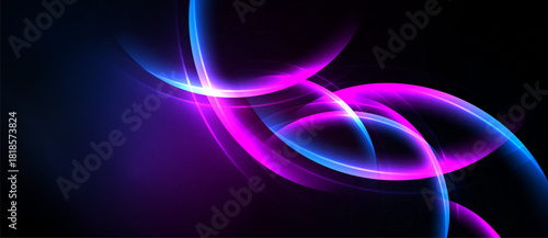 Abstract glowing lines, curves, shapes dominate dark background. Vivid purple, blue hues create dynamic visual effect.