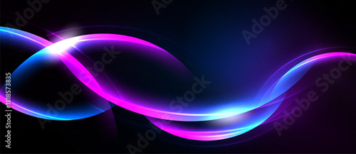 Abstract flowing ribbons, vibrant blue, pink hues. Dark background creates dramatic visual impact. Smooth curves suggest motion, energy.