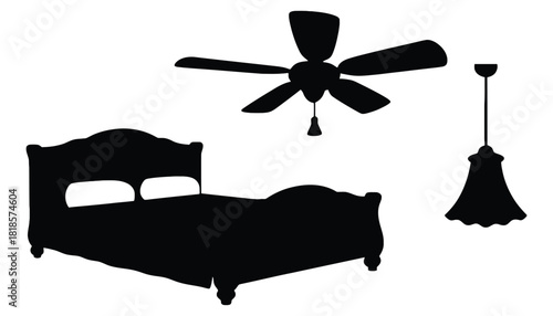 Silhouette of a bed ceiling fan and hanging lamp on white background