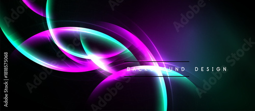 Abstract glowing lines form swirling shapes against dark background. Vibrant purple, teal hues create dynamic visual effect.