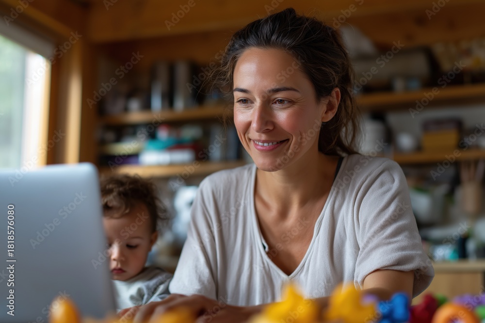 Obraz premium Young caucasian female adult working on laptop with toddler in cozy home setting