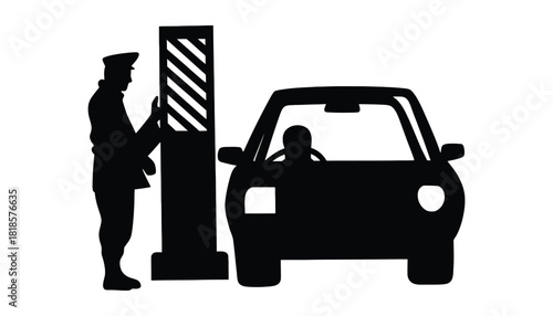 A silhouette of a guard and car at a checkpoint or toll booth area