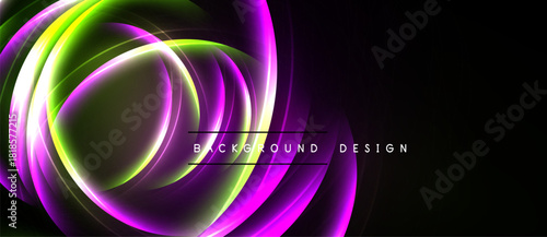Abstract vibrant curves, glowing lines. Green, purple hues dominate black background. Modern design element, dynamic composition.