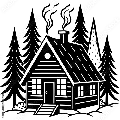 Black and white illustration of a cozy cabin in the woods