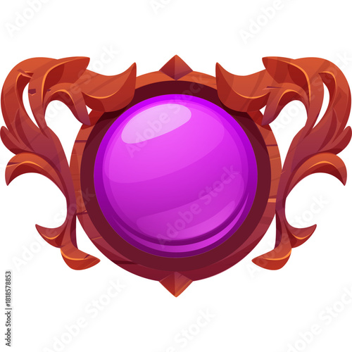 A vibrant purple crystal orb encased in an ornate, carved wooden frame, suitable for a fantasy game interface.