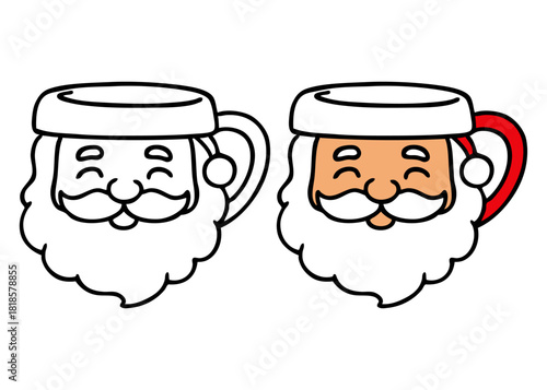 Dibujo sencillo con líneas de taza con forma de cabeza de Santa Claus para tarjetas y felicitaciones de Navidad