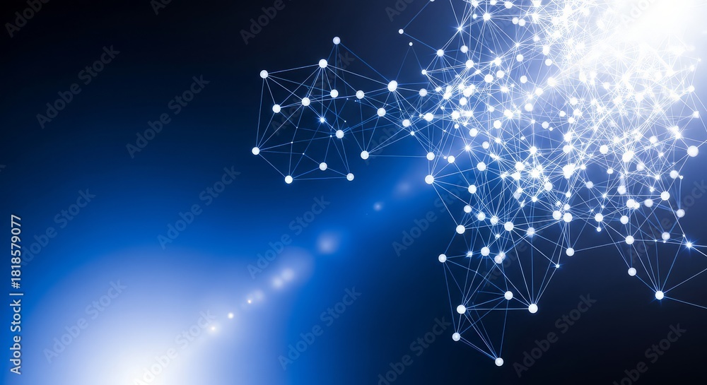 Fototapeta premium Glowing network of interconnected nodes and lines on a dark blue gradient background with light flares