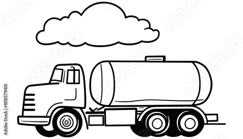 Coloring page of a tanker truck with cloud above black outline