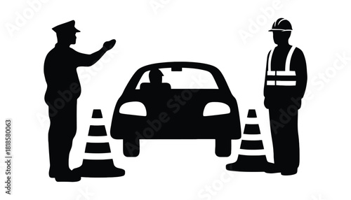 Black and white illustration of a traffic stop with cones and officers