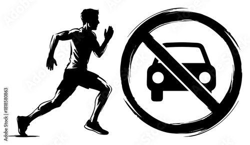 Silhouette of running man next to no car traffic sign symbolizing car free day and healthy lifestyle