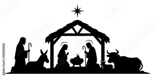 Black silhouette of Christmas Nativity scene with Holy Family shepherd and animals in stable