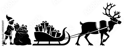 Silhouette scene of Christmas elf loading gifts into Santa sleigh with reindeer